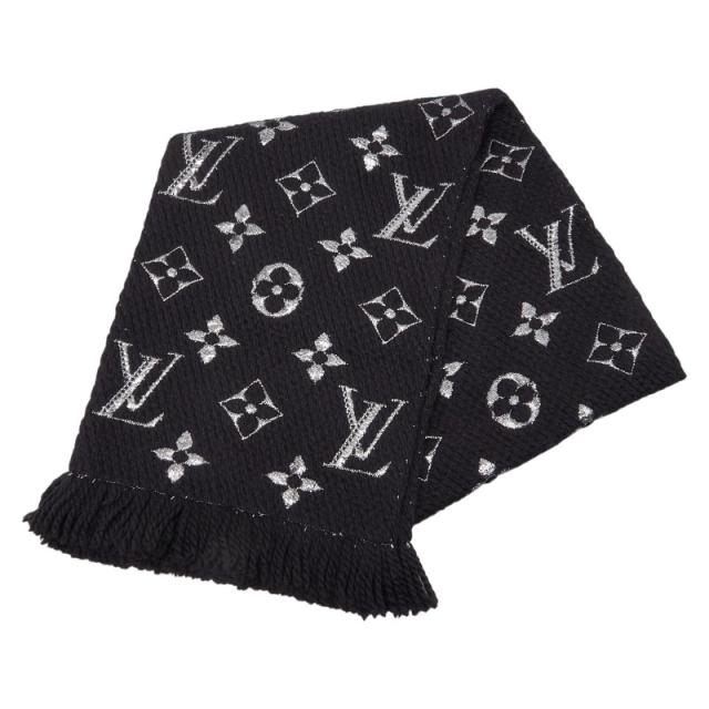ルイ ヴィトン エシャルプ ロゴマニア シャイン マフラー M75833 ノワール ブラック ウール シルク レディース LOUIS VUITTON 【中古】