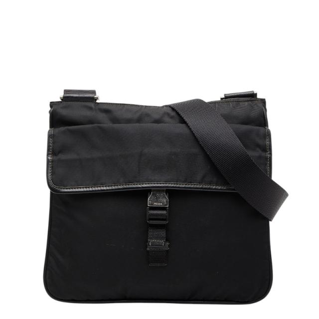 プラダ 三角ロゴプレート ショルダーバッグ ブラック ナイロン レザー 