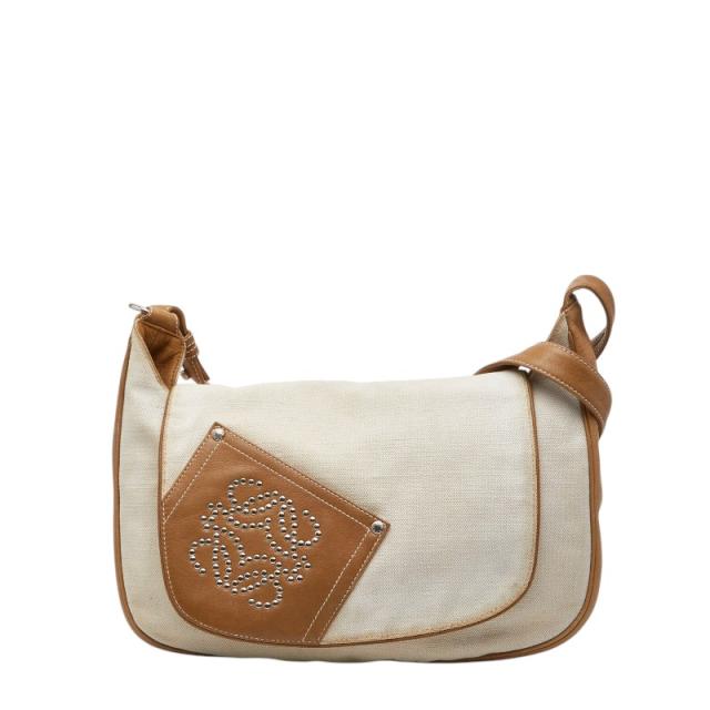 ロエベ アナグラム スタッズ 斜め掛け ショルダーバッグ ホワイト ベージュ キャンバス レザー レディース LOEWE 【中古】