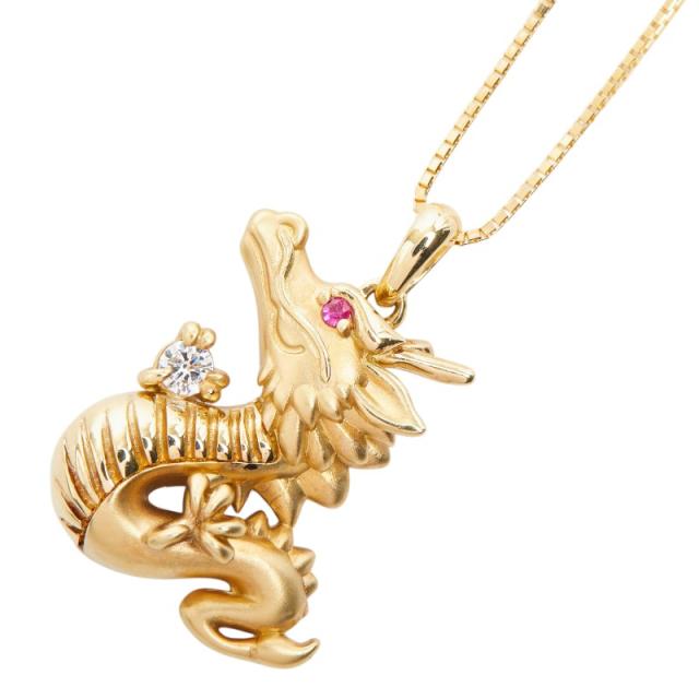 K18YG イエローゴールド ダイヤ0.05ct ルビー0.008ct ドラゴンモチーフ ペンダント ネックレス レディース 中古