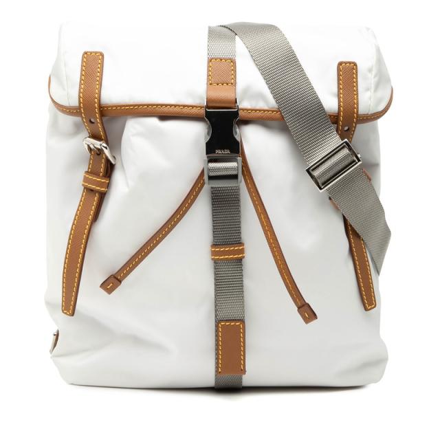 プラダ 三角ロゴプレート ショルダーバッグ 2VL028 ホワイト レザー テスートナイロン レディース PRADA 【中古】