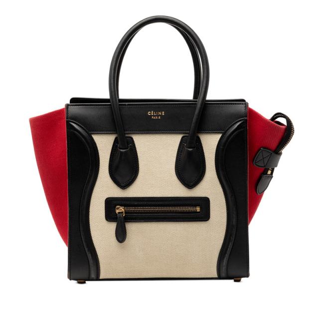 セリーヌ ラゲージ マイクロショッパー トリコロール ハンドバッグ ベージュ ブラック レッド キャンバス レザー CELINE 【中古】