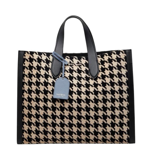 ケイトスペード マンハッタン ハウンドトゥース ラージ トート ハンドバッグ 千鳥格子 K4430 ブラック ベージュ Kate Spade 【中古】