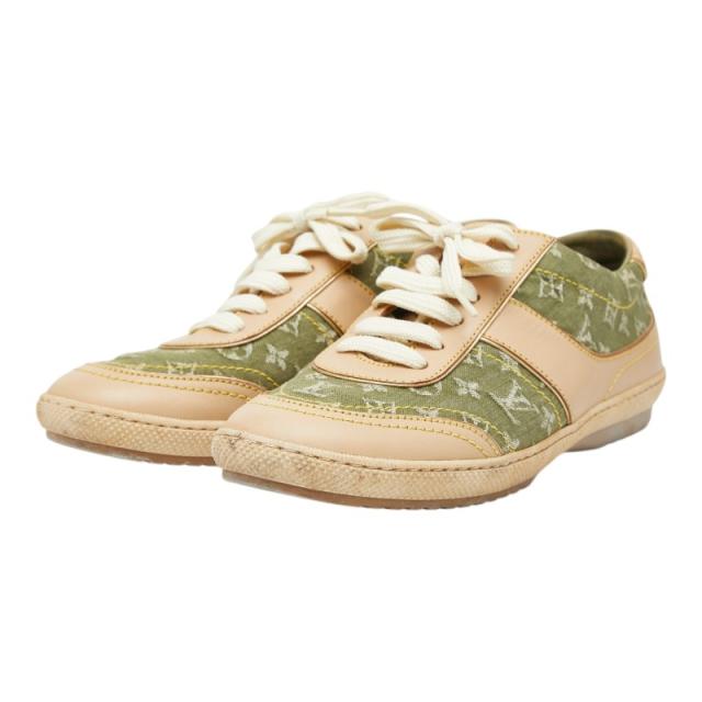 ルイ ヴィトン モノグラム スニーカー 35 1/2 ベージュ グリーン キャンバス レザー レディース LOUIS VUITTON 【中古】