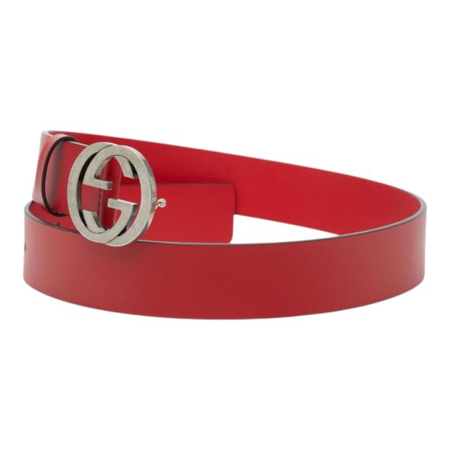 グッチ インターロッキングG Gロゴ ベルト 無地 546389 レッド レザー メンズ GUCCI 【中古】_1