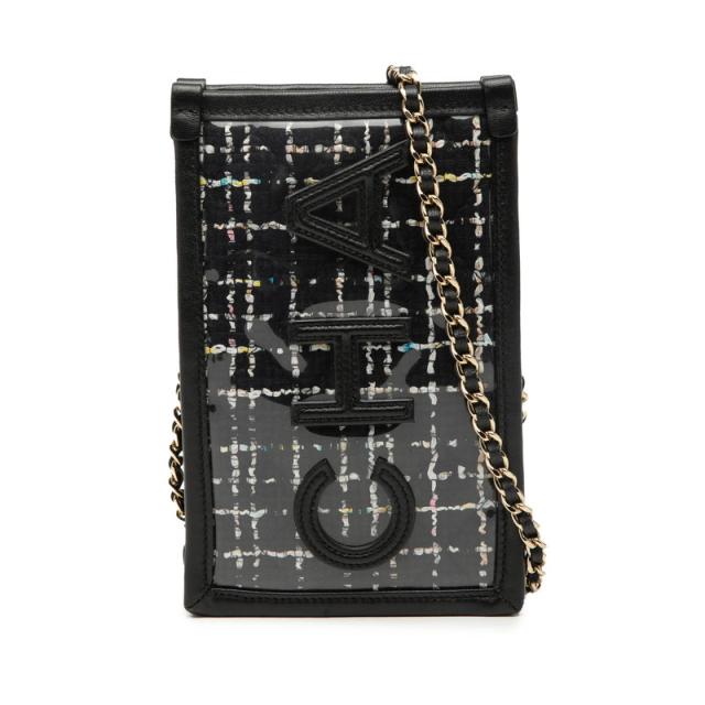 シャネル ロゴ ツイード チェーン ショルダーバッグ フォンケース ブラック ビニール レザー レディース CHANEL 【中古】 108,900円