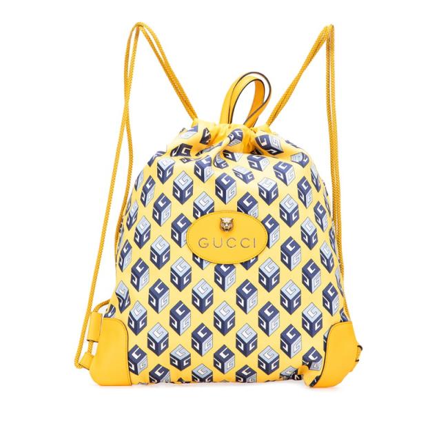 グッチ トリコ ドローストリング キューブ リュック バックパック ナップサック 473872 イエロー ブルー ナイロン レザー GUCCI 【中古】