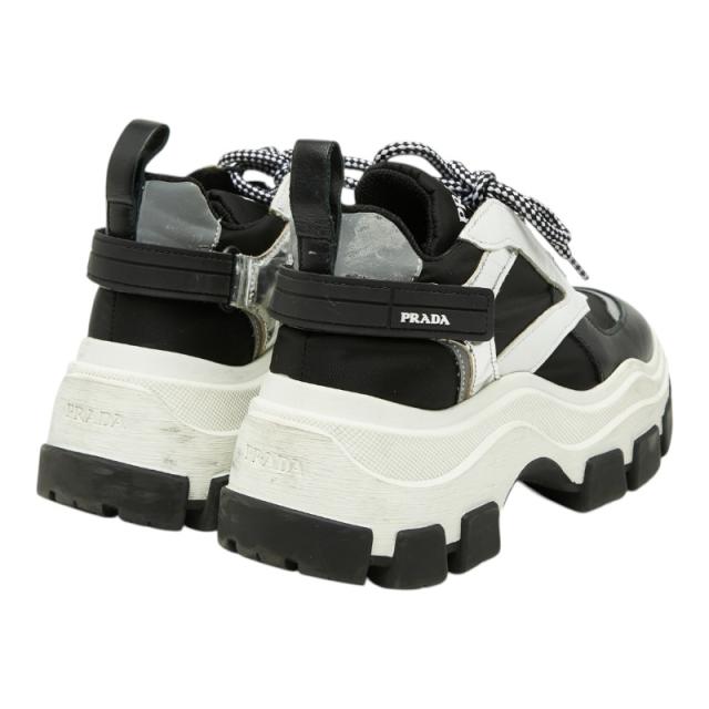 プラダ ペガサス プラットフォーム ハイカットスニーカー 36 ブラック ホワイト シルバー ラバー ナイロン レディース PRADA 【中古】_1