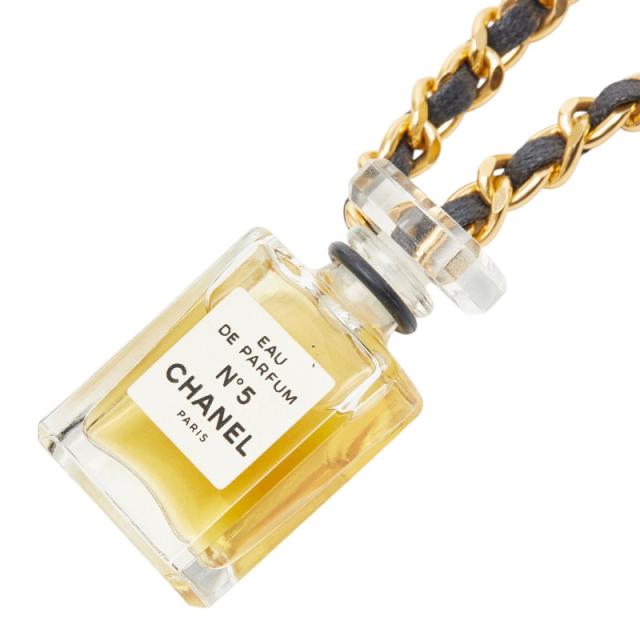 シャネル パフュームボトル No.5 チェーン ペンダント ネックレス 香水 ゴールド ブラック メッキ レザー ガラス CHANEL 【中古】