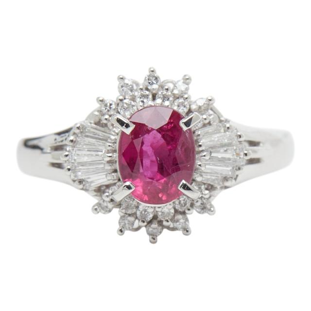 Pt900 プラチナ ルビー1.11ct ダイヤ0.33ct フラワーモチーフ リング 指輪 レディース 12号 中古