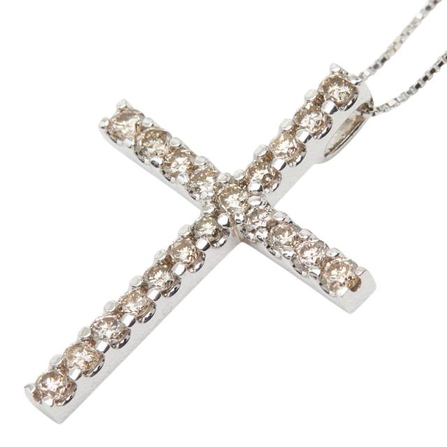 K14WG ホワイトゴールド ダイヤ0.70ct クロスモチーフ ペンダント ネックレス レディース 中古