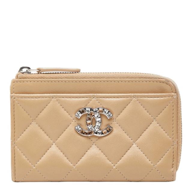 シャネル マトラッセ ココマーク コインケース カードケース フラグメントケース ベージュ ラムスキン ラインストーン CHANEL 【中古】