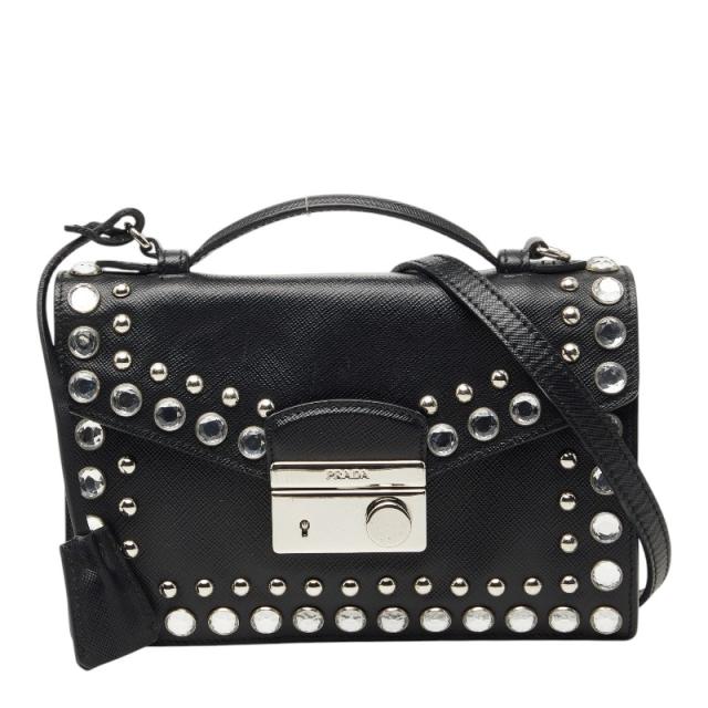 プラダ スタッズ ハンドバッグ ショルダーバッグ 2WAY ブラック サフィアーノレザー/ビジュー レディース PRADA 【中古】