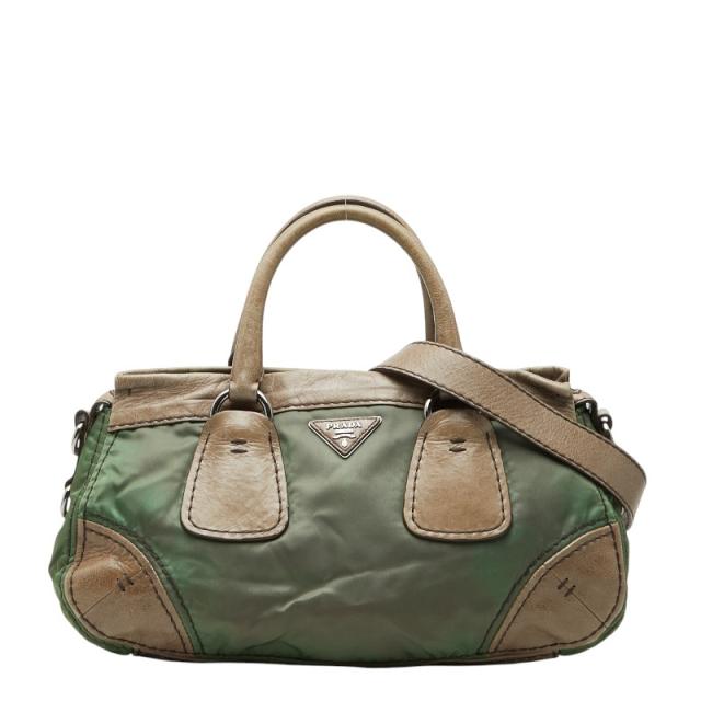 プラダ 三角ロゴプレート ハンドバッグ ショルダーバッグ 2WAY カーキグリーン系 ナイロン レザー レディース PRADA 【中古】