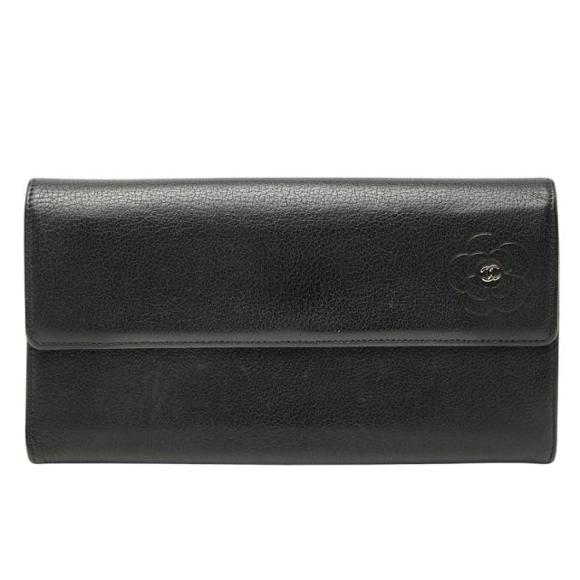シャネル カメリア ココマーク 二つ折り 長財布 ブラック レザー CHANEL 【中古】
