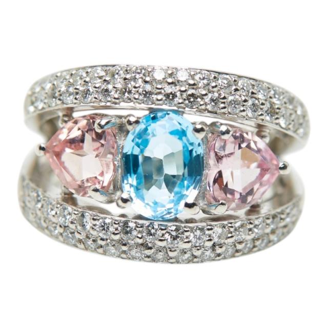 Pt900 プラチナ ブルートパーズ1.54ct モルガナイト ダイヤ0.85ct リング 指輪 レディース 11.5号 中古