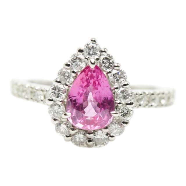 Pt900 プラチナ ピンクサファイア1.208ct ダイヤ0.70ct ペアーシェイプ しずく型 リング 指輪 レディース 9号 中古