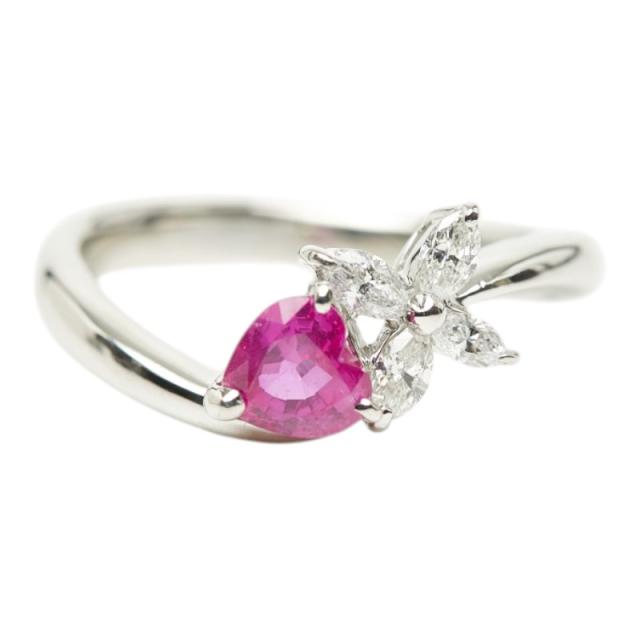 Pt900 プラチナ ルビー0.64ct ダイヤ0.24ct ハートモチーフ フラワー リング 指輪 レディース 11.5号 中古