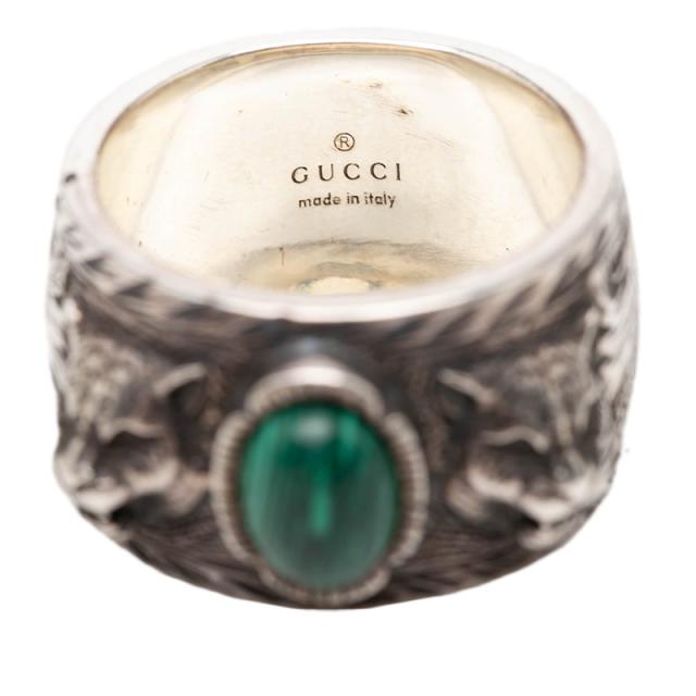 グッチ タイガーヘッド ガーデン リング 指輪 #23 シルバー グリーン SV925 シルバー マカライト メンズ GUCCI 【中古】_3