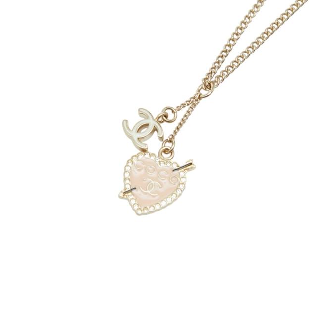 シャネル ココマーク ハート&アロー ラインストーン ペンダント ネックレス 10P ゴールド ピンク メッキ エナメル CHANEL 【中古】