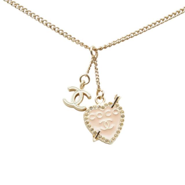 シャネル ココマーク ハート&amp;アロー ラインストーン ペンダント ネックレス 10P ゴールド ピンク メッキ エナメル CHANEL 【中古】_1