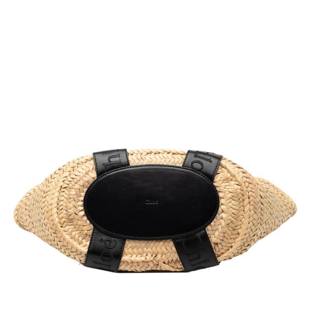 クロエ ロゴ ミディアム バスケット ハンドバッグ カゴバッグ ベージュ ブラック ラフィア レザー レディース Chloe 【中古】_2