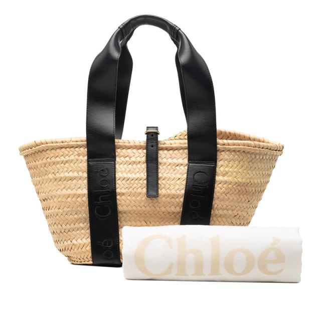 クロエ ロゴ ミディアム バスケット ハンドバッグ カゴバッグ ベージュ ブラック ラフィア レザー レディース Chloe 【中古】_7