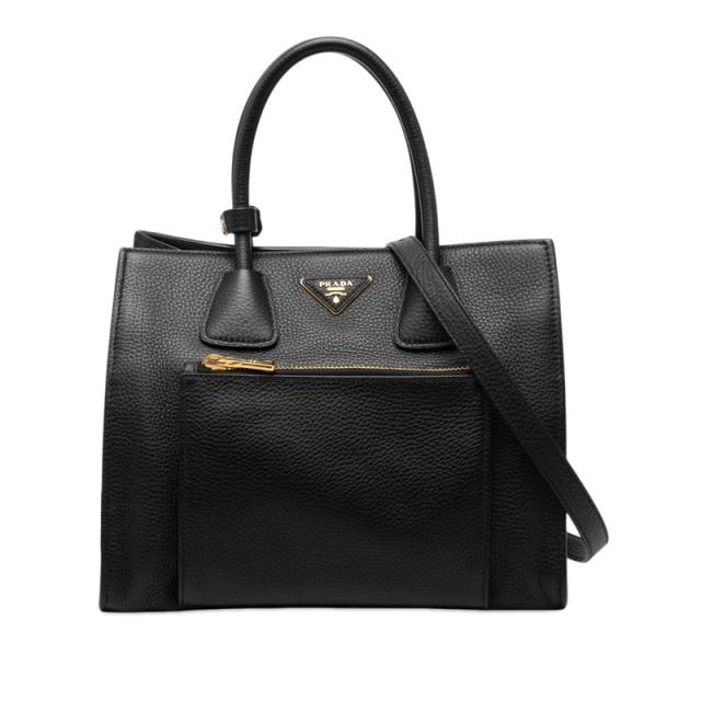 鑑定済】PRADA ハンドバッグ 三角プレート ロゴ ブラック オールレザー