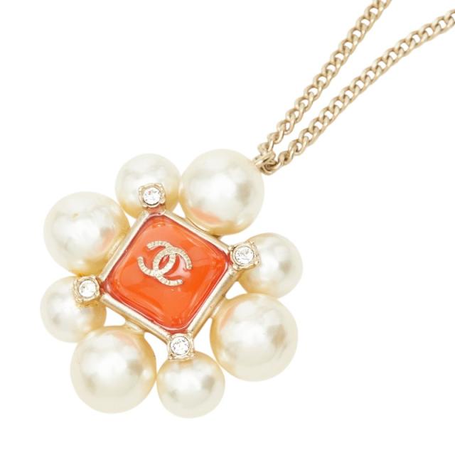 シャネル ココマーク ラインストーン ネックレス ゴールド オレンジ メッキ フェイクパール レディース CHANEL 【中古】