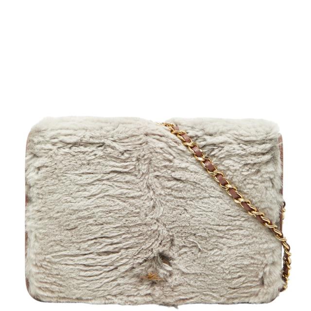 シャネル ココマーク チェーンウォレット ショルダーバッグ グレー ピンク ファー レザー レディース CHANEL 【中古】