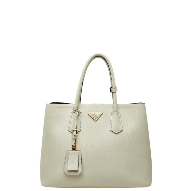 プラダ 三角ロゴプレート キュイール ダブルバッグ トートバッグ B2756T ホワイト アイボリー サフィアーノレザー PRADA 【中古】