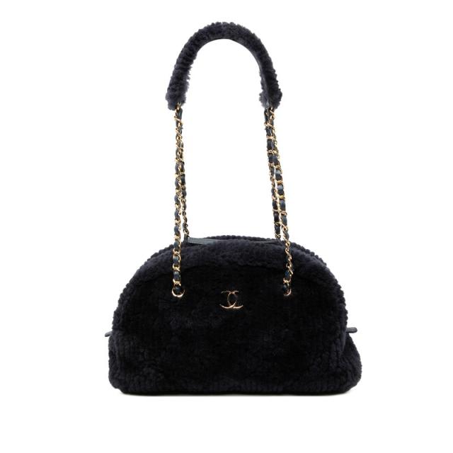 シャネル ココネージュ ラージ ボーリングバッグ ショルダーバッグ ネイビー ゴールド金具 シアリング ラムスキン CHANEL 【中古】 232,700円