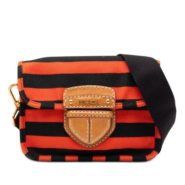 プラダ カナパ ボーダー ショルダーバッグ BT0785 オレンジ ブラック キャンバス レザー レディース PRADA 【中古】