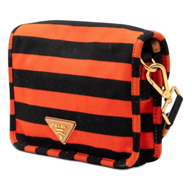 プラダ カナパ ボーダー ショルダーバッグ BT0785 オレンジ ブラック キャンバス レザー レディース PRADA 【中古】_1
