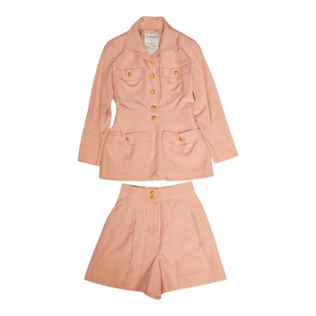 シャネル ブティック ココマーク セットアップ 4ポケット ジャケット ショートパンツ 36 ピンクベージュ シルク リネン CHANEL 【中古】