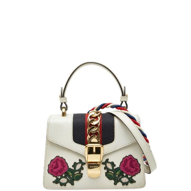 グッチ シルヴィ シェリーライン ローズアップリケ ミニハンドバッグ ショルダーバッグ 2WAY 470270 ホワイト レザー GUCCI 【中古】
