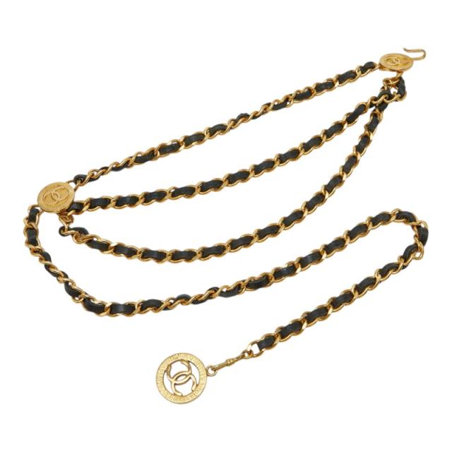 シャネル ココマーク ヴィンテージ チェーンベルト ゴールド ブラック レザー メッキ レディース CHANEL 【中古】