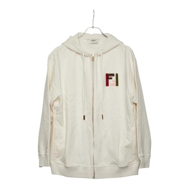 フェンディ 起毛 オーバーサイズ ジップパーカー フーディ サイズ S オフホワイト コットン ポリウレタン スパンコール FENDI 【中古】