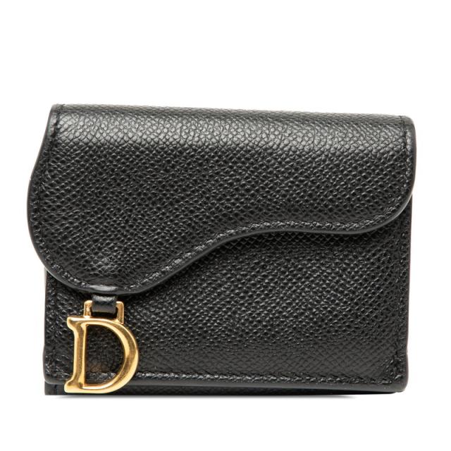 ディオール サドル 三つ折り財布 コンパクトウォレット ブラック ゴールド金具 レザー レディース Dior 【中古】