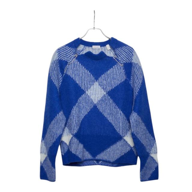 バーバリー 23AW セーフティーピン チェック柄 ニット セーター サイズ：S 8076250 ブルー ホワイト レディース BURBERRY 【中古】