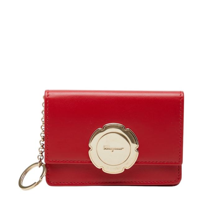 サルヴァトーレフェラガモ お花動機 二つ折り紙入れ 赤いこと なめし革 レディース Salvatore Ferragamo 【中古】