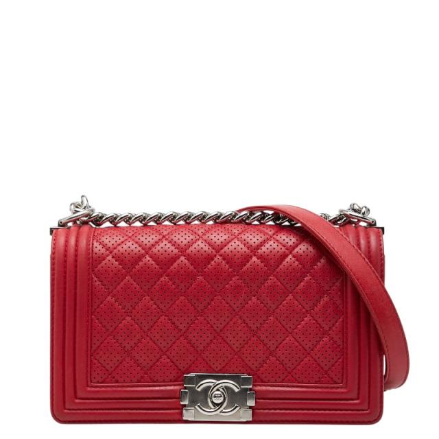 シャネル ココマーク マトラッセ ボーイシャネル25 パンチング 斜め掛け チェーン ショルダーバッグ レッド レザー CHANEL 【中古】