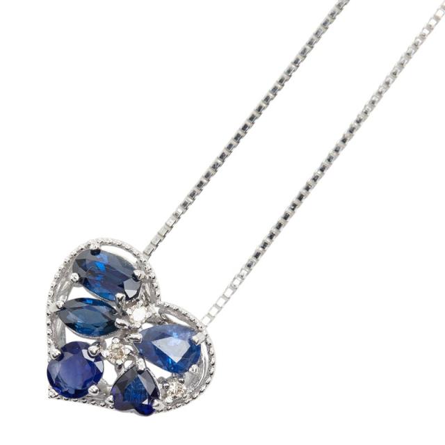 K18WG ホワイトゴールド サファイア1.31ct ダイヤ0.03ct ハートモチーフ ペンダント ネックレス レディース 中古