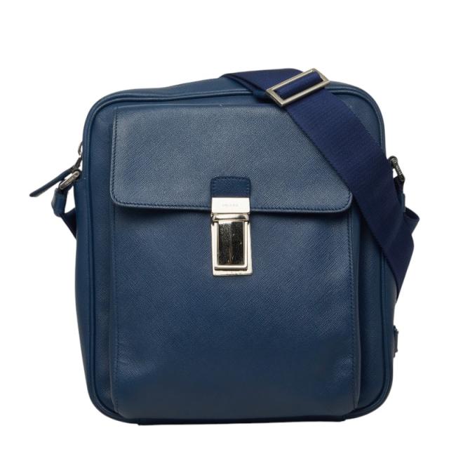 プラダ 三角ロゴプレート 斜め掛け ショルダーバッグ ネイビー サフィアーノレザー レディース PRADA 【中古】