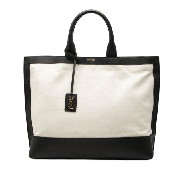 サンローラン ロゴ サック ショッピング トートバッグ 619757 ナチュラル ブラック キャンバス レザー レディース SAINT LAURENT 【中古】