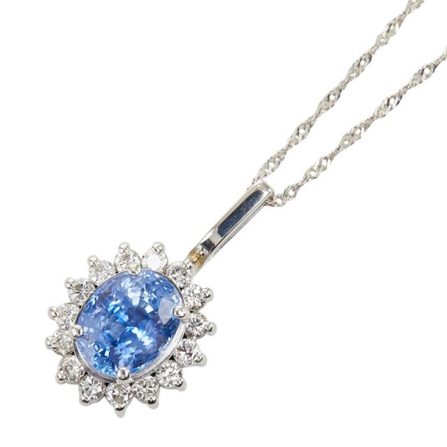 Pt900 プラチナ Pt850 プラチナ ライトブルーサファイア1.44ct ダイヤ0.24ct フラワーモチーフ ネックレス レディース 中古