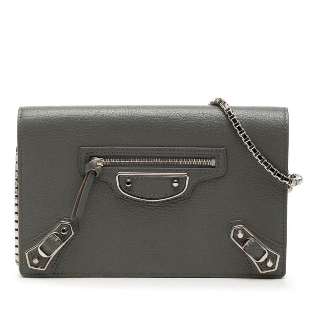 バレンシアガ クラシック メタリック エッジ チェーン ウォレット ショルダー 444169 グレー レザー レディース BALENCIAGA 【中古】