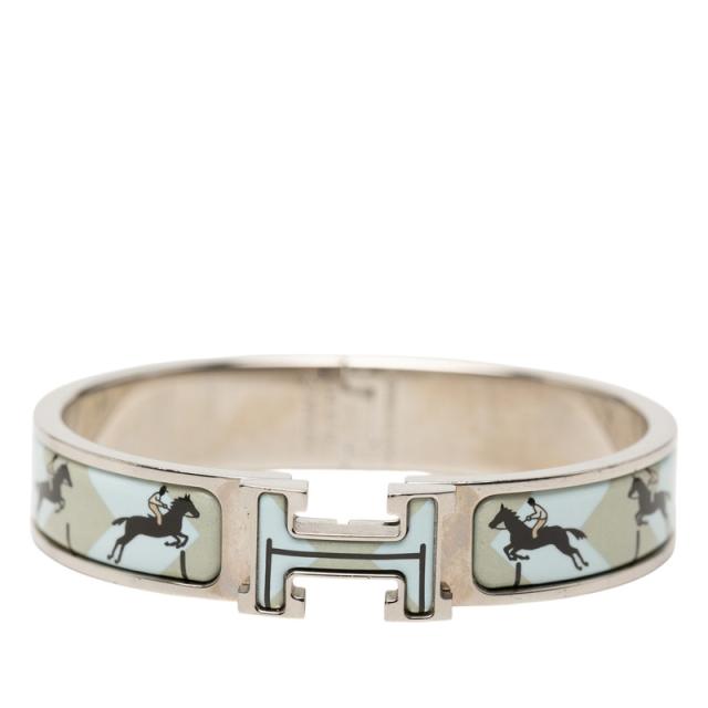 エルメス クリックH 騎馬 ホース バングル ベージュ シルバー ブルー メタル エナメル レディース HERMES 【中古】