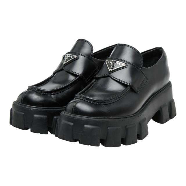 プラダ 三角ロゴプレート モノリス ローファー 厚底 サイズ37 1/2 649 ブラック ブラッシュドレザー レディース PRADA 【中古】