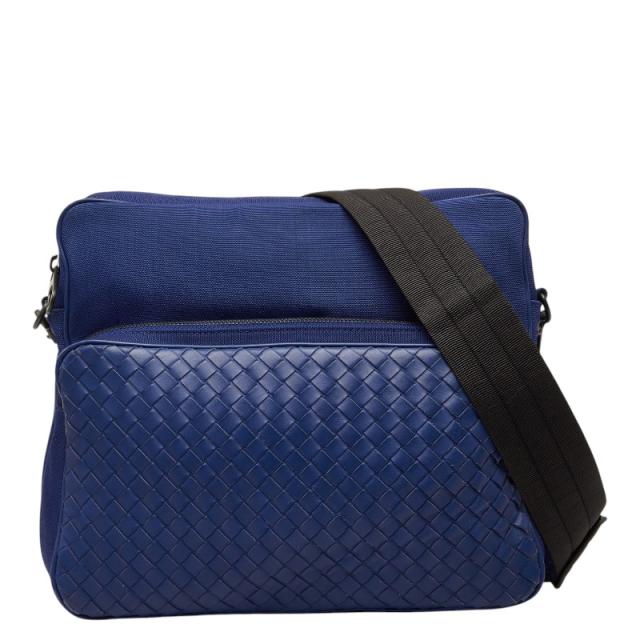 ボッテガヴェネタ イントレチャート ショルダーバッグ メッセンジャーバッグ ブルー キャンバス レザー BOTTEGAVENETA 【中古】